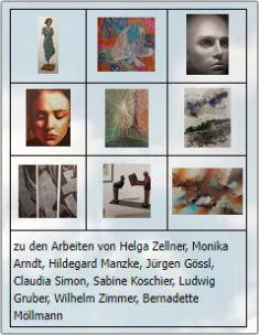 zu den Arbeiten von Helga Zellner, Monika Arndt, Hildegard Manzke, Jürgen Gössl, Claudia Simon, Sabine Koschier, Ludwig Gruber, Wilhelm Zimmer und Bernadette Möllmann